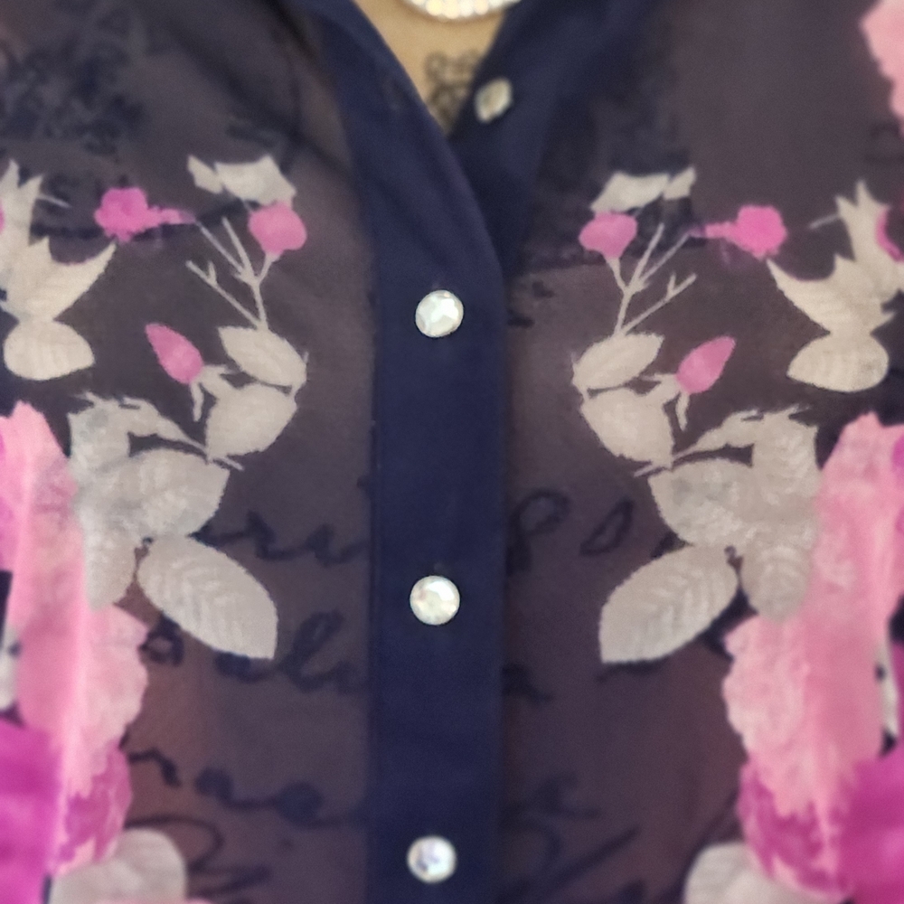 Inc Sheer Navy Floral Button-Front Women's Top